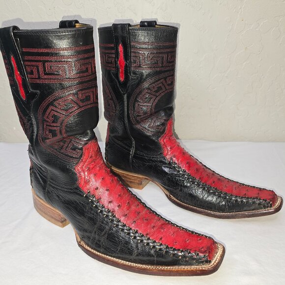 Men's Black & Red Ostrich Western Cowboy Boots Made In The USA Size 9 D - Picture 1 of 14